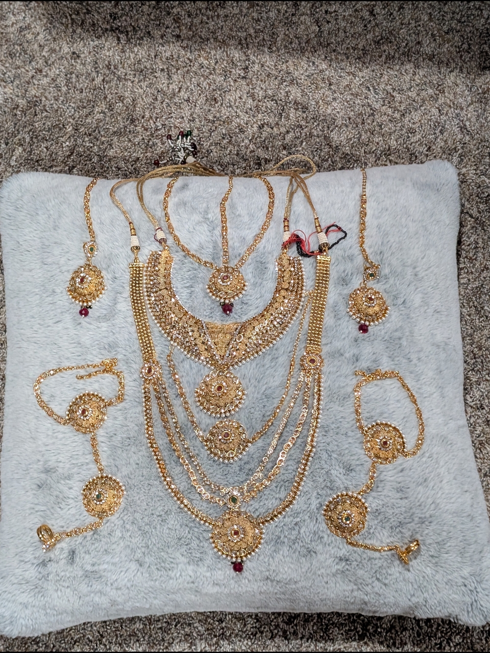 Gold-Tone Multi-Layer Bridal Necklace Set with Red Accents